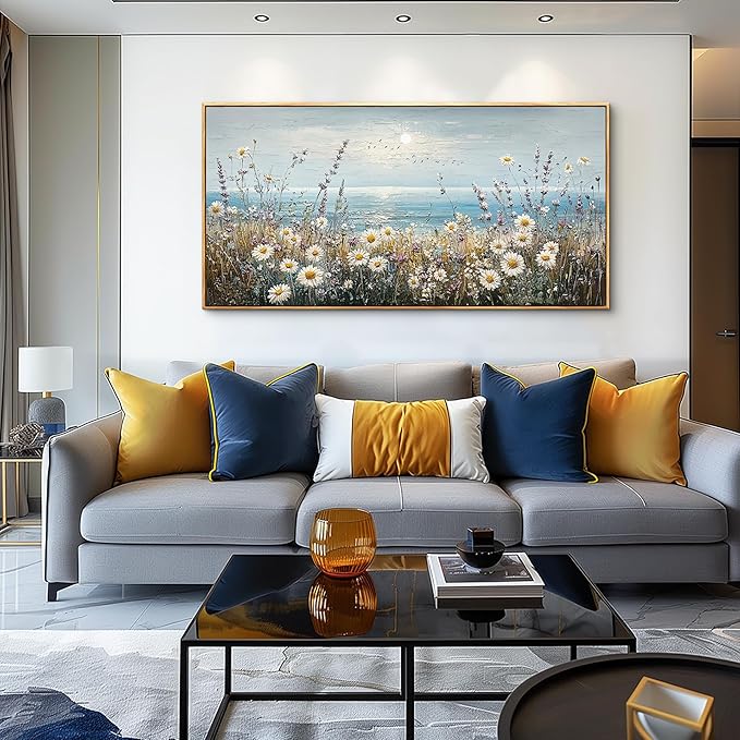 PHAOHUAXM Large Canvas Wall Decoration For Living Room Wall Art For Bedroom Office Decorations Blue Ocean Paintings Flowers Watercolour Wall Pictures Canvas Artworks Home Decor Wood Framed 24x48 In-Ruum Studio Home