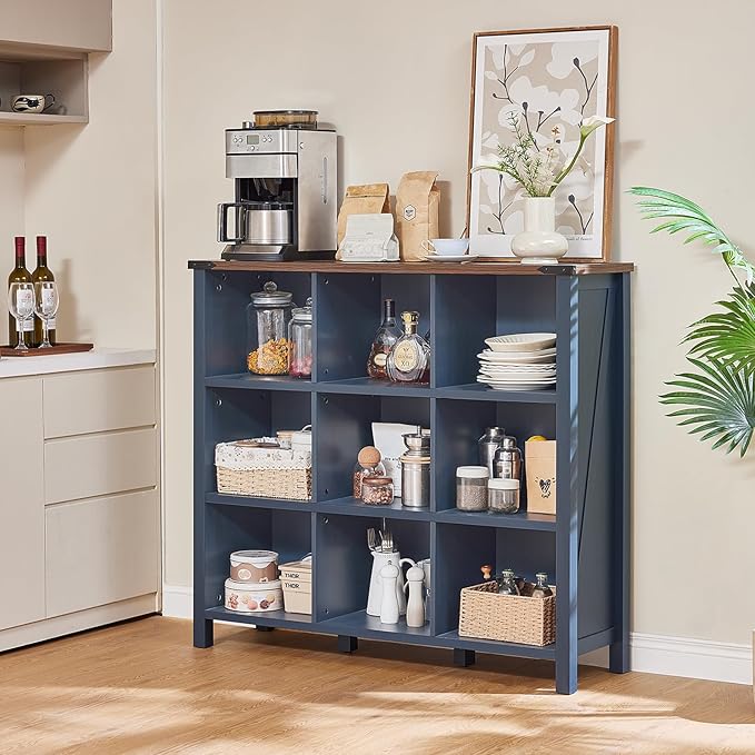 9 Cube Bookcase, Farmhouse 47 Inch Wide Navy Blue Bookshelf, Wooden 3 Tier Display Large Open Book Shelf, Vintage Horizontal Book Case for Home Office, Cubby Storage Cabinet for Living Room-Ruum Studio Home
