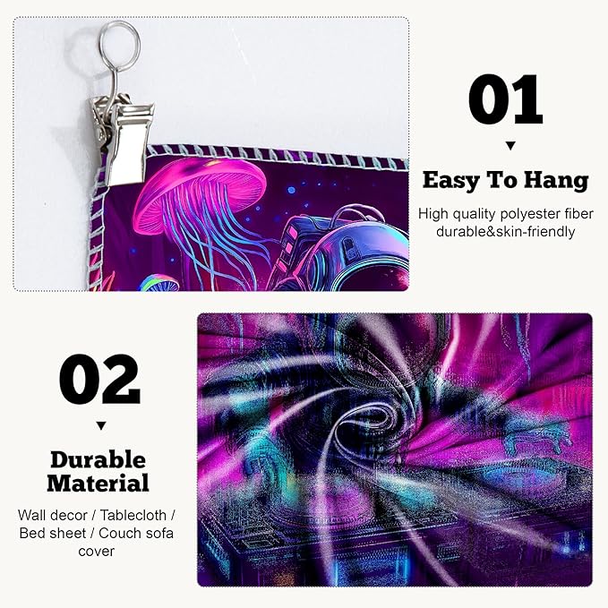 BVBOX Astronaut Space Blacklight Tapestry 79"x59", UV Reactive DJ Astronaut Jellyfish Universe Galaxy Planet Glow in Dark Music Tapestries, Black Light Neon Upright Poster Wall Hanging Backdrop Decor for Bedroom Living Room-Ruum Studio Home