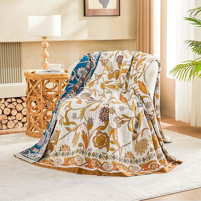 Fall Throw Blanket for Couch, Brown Boho Decorative Throw Blanket, 100% Cotton Muslin Breathable Woven Farmhouse Blankets Quilt, 60"x80" Reversible Lightweight Blankets Bohemian Throw Quilt-Ruum Studio Home