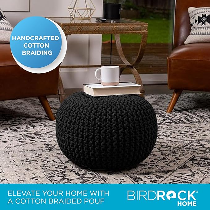 BIRDROCK HOME Round Pouf Ottoman | Cotton Braided Foot Stool with Bean Bag Filling | Boho Foot Rest for Living Room & Bedroom | Compact & Comfortable Seating, Lightweight & Soft | Black-Ruum Studio Home