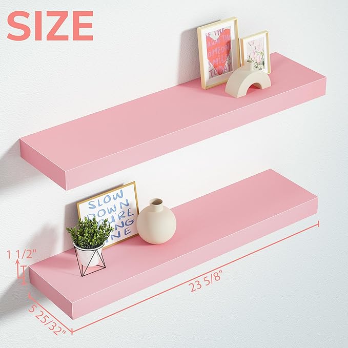 BAMEOS Pink Floating Shelves for Wall, 24" x 6" Wall Shelves for Room, Floating Book Shelves, Hanging Shelves for Bedroom, Bedroom, Living Room, Kitchen (Set of 2)-Ruum Studio Home