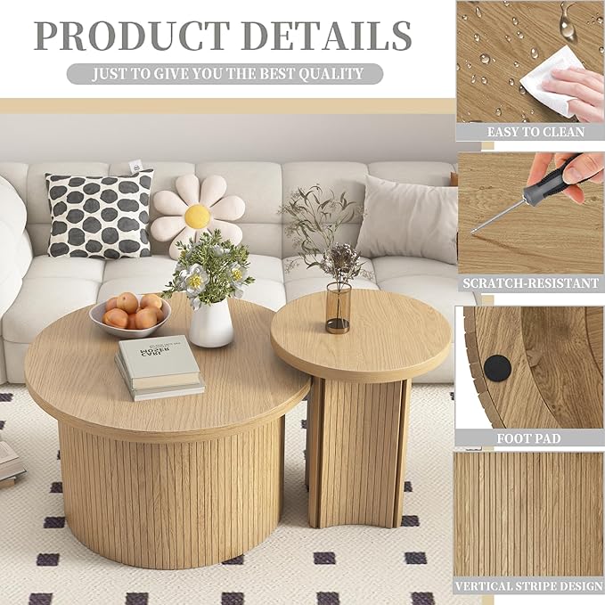 Set of 2 Nesting Coffee Tables Farmhouse,Round Coffee Table Living Room,Wood Finish Coffee Table Set, Small Coffee Tables, Sofa Side Living Room Bedroom Coffee Side Table (Large Size - Set)-Ruum Studio Home
