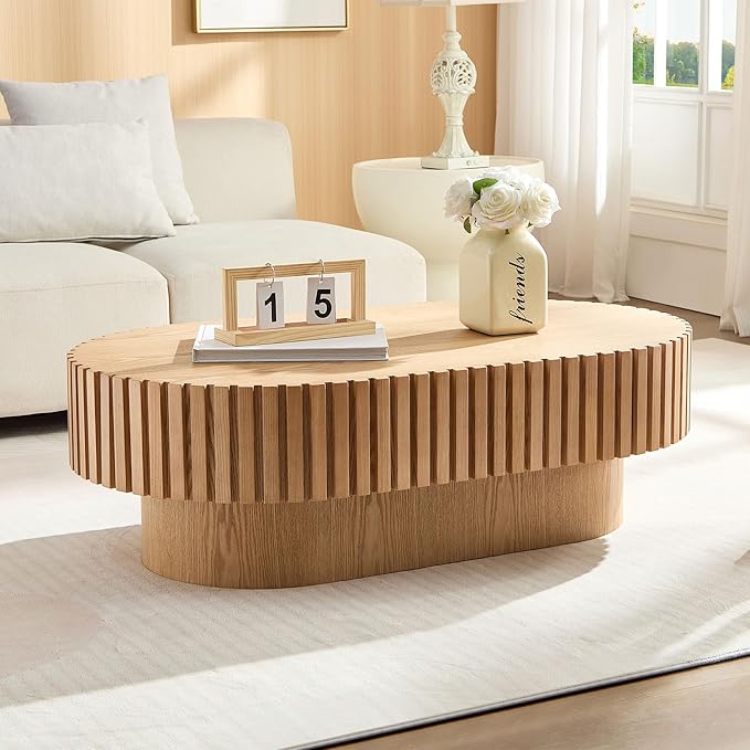 43.7" Oval Coffee Table for Living Room,Modern Handcraft Drum Coffee TableSmall Wooden Coffee Table with Sturdy Pedestal Easy Assembly for Office-Natural-Ruum Studio Home