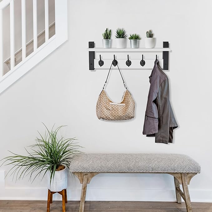 Sorbus Coat Hooks Wall Mount with Shelf – 24 Inch Coat Rack Wall Mount with 5 Heavy Duty Hooks – Floating Wall Shelf with Hooks for Entryway, Bathroom, Bedroom, Kitchen, or Mudroom (White)-Ruum Studio Home