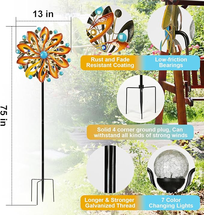 Wind Spinners for Yard and Garden - Wind Sculptures & Spinners 75 in Garden Kinetic Art with Solar Powered Multi-Color Glass Ball Light - Gradient Brown-Ruum Studio Home