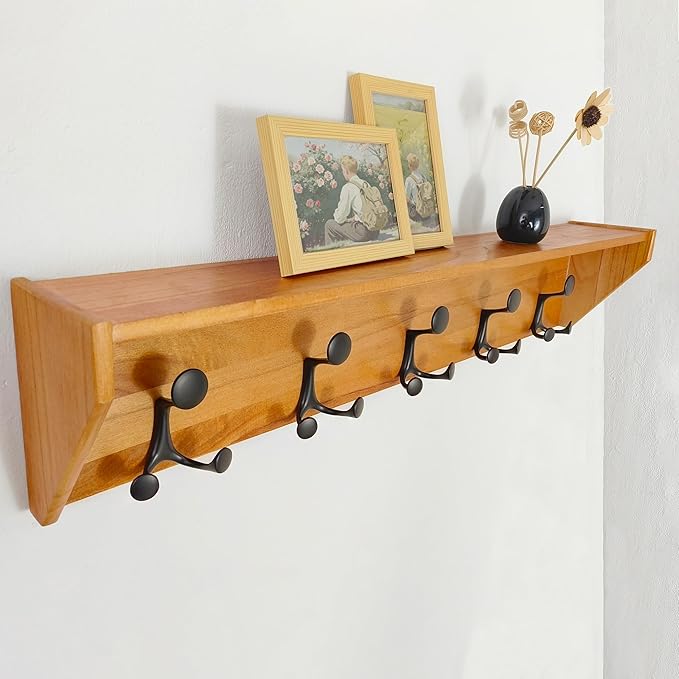 SKOLOO Wall Shelf with Hooks, 35-Inch Brown Coat Rack Wall Mount with Shelf Organizer - Lightweight & Sturdy, 5 Tri Hooks - Perfect for Entryway, Hallway, Living Room, Bedroom, Mudroom-Ruum Studio Home