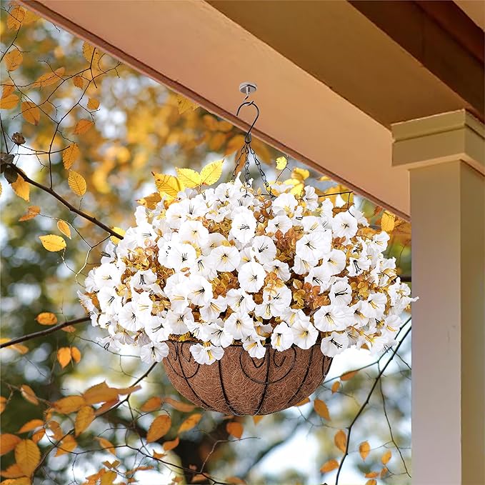 Artificial Fall Flowers Fake Hanging Plants Flowers Basket for Outdoors Autumn Decoration, Silk Morning Glory with Eucalyptus Look Real UV Resistant Faux Flowers for Outside Porch Patio Balcony, White-Ruum Studio Home
