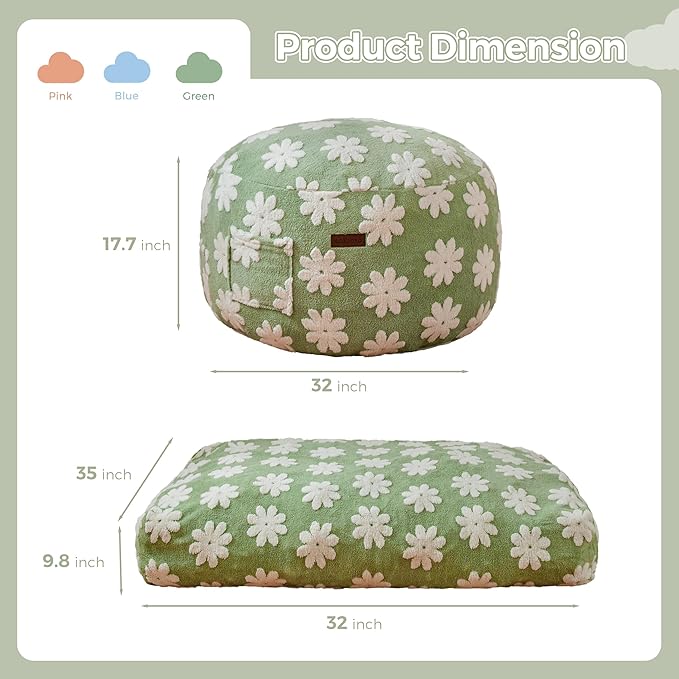 MAXYOYO Bean Bag Chair Bed for Kids, Convertible Bean Bag from Lazy Chair to Floor Bed, Fresh Floral Design Cover, Stuffed Floor Sofa Couch for Boys and Girls, High-Density Foam Filling, Green-Ruum Studio Home