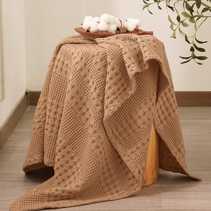 PHF 100% Cotton Waffle Weave Throw Blanket, Soft Lightweight Breathable Cozy Summer Throws for Couch Bed Sofa, Luxury Aesthetic Woven Blanket for Home Decor & Office, 50"x60", Camel-Ruum Studio Home