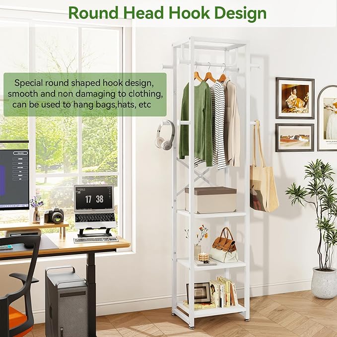 IBUYKE Coat Rack with Shelves, Freestanding Hall Tree with 3 Shelves and 8 Hooks, Industrial Clothes Stand for Entryway, Hallway, Bedroom, White UTMJ088W-Ruum Studio Home