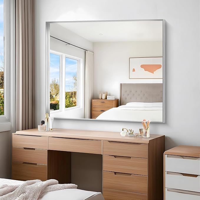 Silver Bathroom Mirror, 40x48 Inch Rectangular Framed Mirror, Large Wall Mounted Bathroom Vanity Mirror Over Sink for Bedroom,Restroom, Living Room, Hangs Vertically or Horizontally-Ruum Studio Home