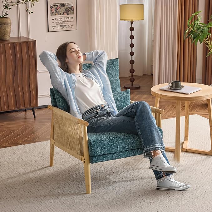 VINGLI Boho Braid Accent Armchairs Set of 2,Mid-Century Modern Chiars with Solid Wooden Armrest,Comfy Louge Cushion Chairs with Waist Pillow for Bedroom,Living Room,Reading Room, Teal-Ruum Studio Home