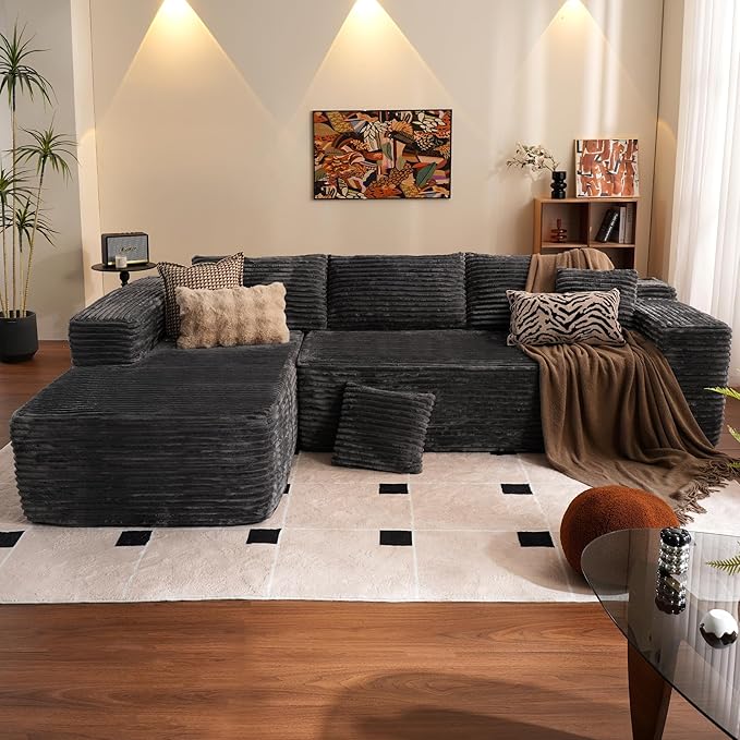 ovios 104" Cloud Sectional Couch with L-Shape Chaise,Modern Modular Sofa with Deep Seat, Upholstered Couches for Living Room Bedroom,No Assembly Required, Grey (Plush Corduroy Fabric)-Ruum Studio Home