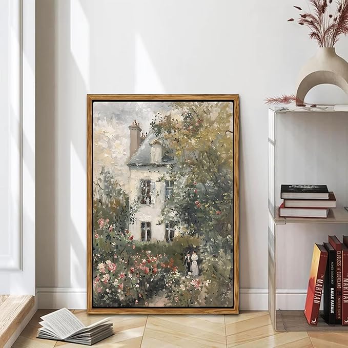 Floating Framed Canvas Vintage Wall Art, Neutral English Cottage Rose Garden Oil Paintings Print, Spring Pictures Wall Decor for Living Room Hallway Bedroom Office Rustic Decor 16x24 inch-Ruum Studio Home