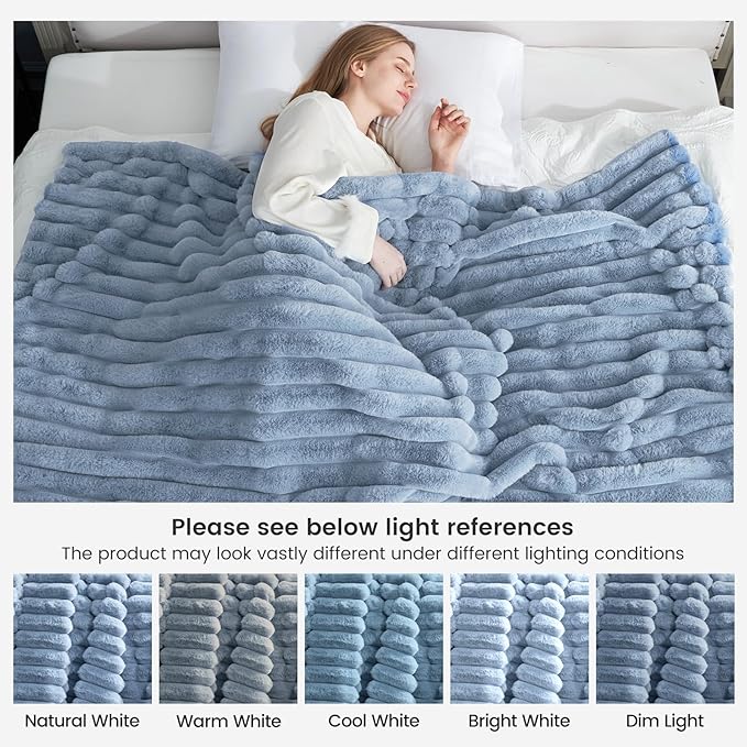Cozy Bliss Faux Fur Throw Blanket for Couch, Cozy Warm Plush Striped Blanket for Sofa Bedroom Living Room,50 * 60 Inches Light Blue-Ruum Studio Home