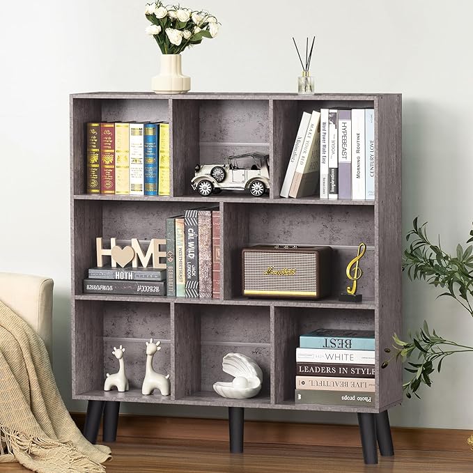 LEYAOYAO 8 Cube Bookshelf,Farmhouse Bookcase with Legs,Modern Dirty Grey Mid-Century Bookshelves,Large 3 Tier Open Storage Organizer Shelf, Retro Wood Display Book Case-Ruum Studio Home