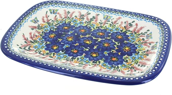 Blue Rose Polish Pottery Garden of Blue Large Rectangular Serving Platter-Ruum Studio Home