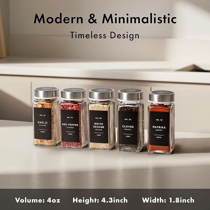 Glass Spice Jars with Labels and Steel Lids (24 x 4oz) Spice Containers with 240 Label, Steel Funnel, Shaker Inserts, Empty Square Seasoning Organizer for Spice Rack, Cabinet, Drawer-Ruum Studio Home