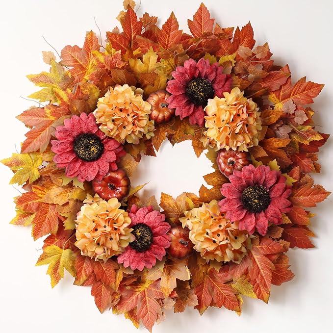 28'' Large Fall Wreath for Front Door, Porch, Window- Artificial Maple Leaves Faux Sunflower Hydrangea Pumpkins Outdoor Autumn Wreath for Home, Farmhouse Wall Thanksgiving Day Harvest Festival Decor-Ruum Studio Home
