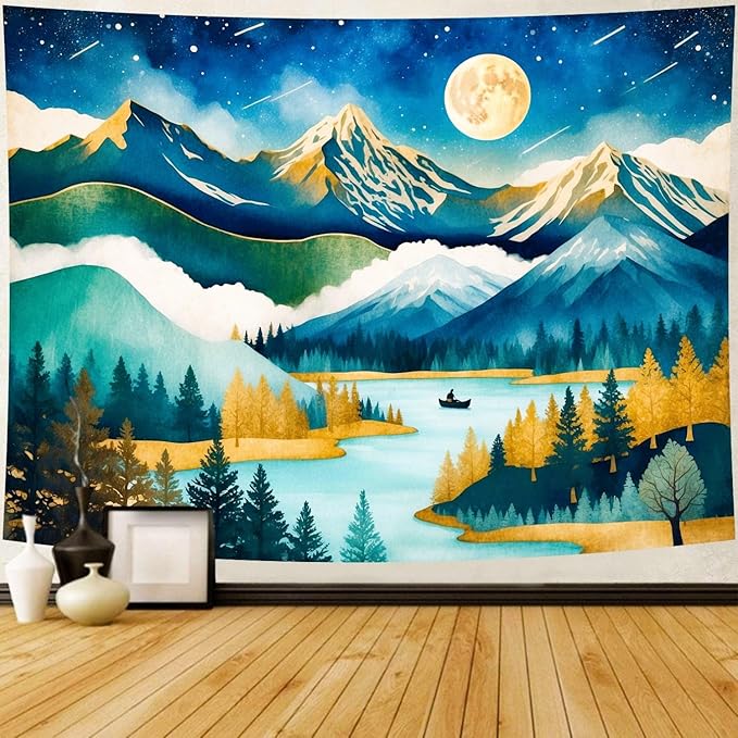 Delur Mountain Tapestry Boho Moon Stars Starry Night Tapestry Wall Hanging Forest Tree Nature Landscape Psychedelic Headboard for Bedroom Living Room Home Decor (51.2" x 59.1")-Ruum Studio Home