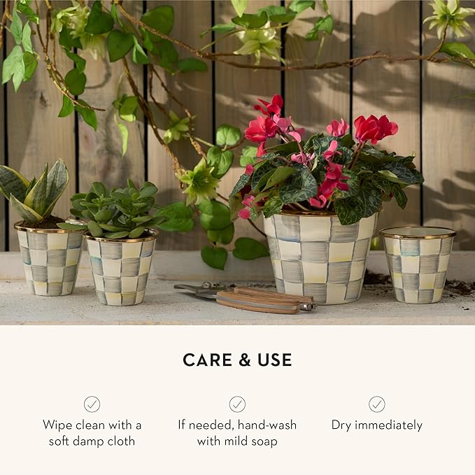 MACKENZIE-CHILDS Enamel Herb Pots, Small Plant Pots for Herbs or Flowers, Set of 3, Gray-and-White Sterling Check-Ruum Studio Home