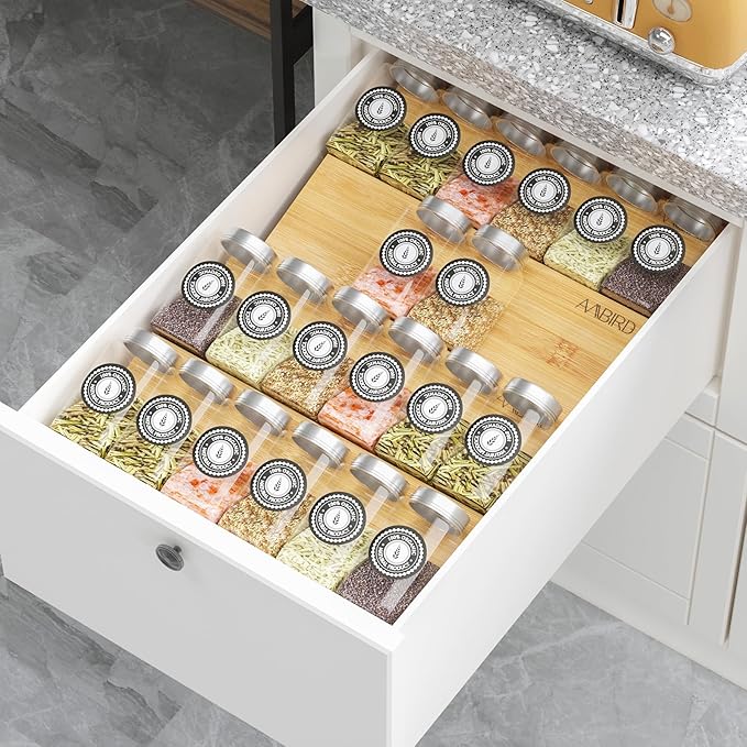 AMBIRD Bamboo Spice Drawer Organizer with Non-slip Mat,4 Tier Jar Spice Rack Tray 9.5'',Seasoning Organizer for Kitchen,Cabinet,Drawers,Countertop-Ruum Studio Home