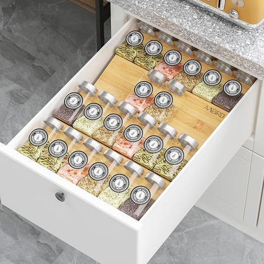 AMBIRD Bamboo Spice Drawer Organizer with Non-slip Mat,4 Tier Jar Spice Rack Tray 9.5'',Seasoning Organizer for Kitchen,Cabinet,Drawers,Countertop-Ruum Studio Home