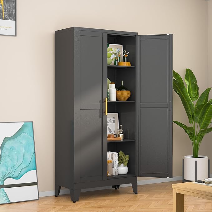 Black Metal Storage Cabinet, 48" Steel Cabinets for Home Office, Kitchen Pantry Storage Cabinet with Doors and 3 Adjustable Shelves, for Office, Home, Garage, School-Ruum Studio Home