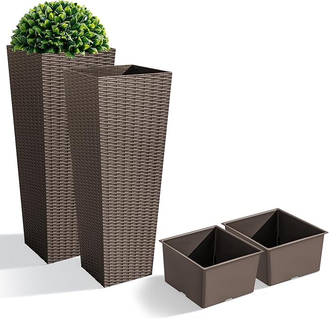 JUMMICO Set of 2 Resin Rattan Tall Planters for Outdoor Plants, Large Tapered Planters with Drainage Holes&Inner Trays, Flower Pots for Garden, Patio, Porch, Backyard (Brown, 32'')-Ruum Studio Home