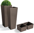 JUMMICO Set of 2 Resin Rattan Tall Planters for Outdoor Plants, Large Tapered Planters with Drainage Holes&Inner Trays, Flower Pots for Garden, Patio, Porch, Backyard (Brown, 32'')-Ruum Studio Home