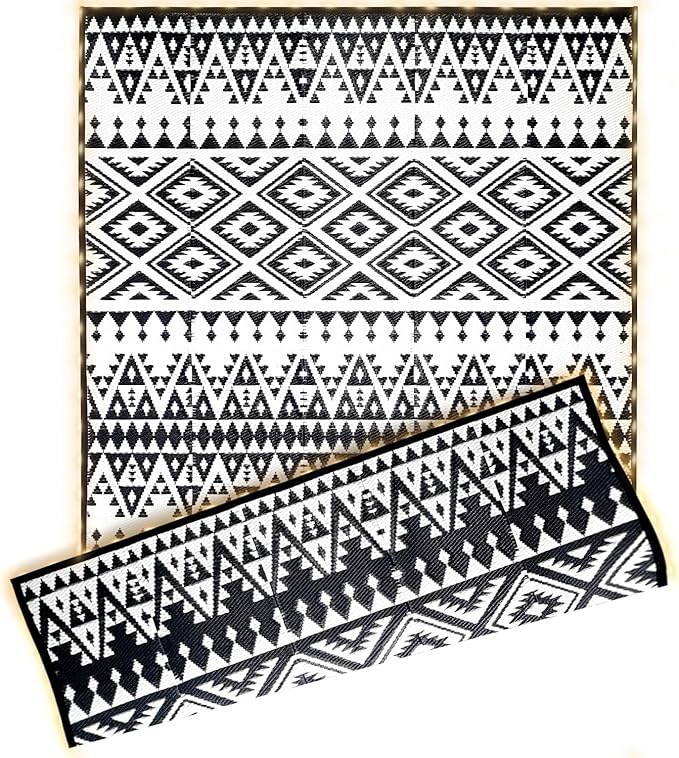 Outdoor Rug Mat with Led Strip Lights for Patio, 8x10ft Waterproof Reversible Plastic Straw Rugs, Camping Carpet Area Mats for RV, Porch, Deck, Backyard, Balcony, Camper, Black & White-Ruum Studio Home