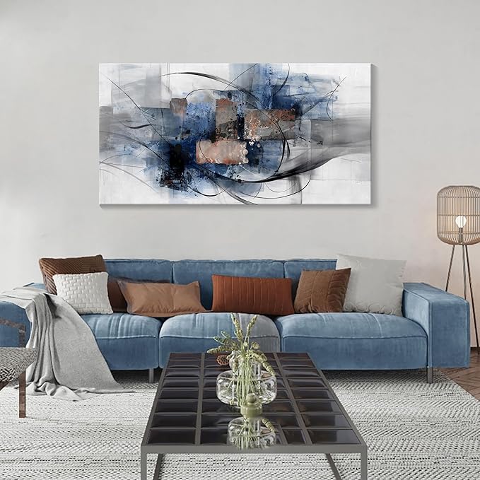Mofutinpo Canvas Wall Art for Living Room, Bedroom, Office - Large Wall Art Decor - Abstract Wall Art - Modern Black and White Paintings,Blue and Grey Wall Decor, Artwork and Pictures for Wall 24×48-Ruum Studio Home