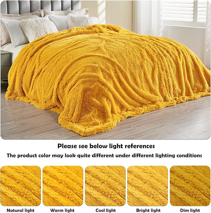 GONAAP Fuzzy Faux Fur Throw Blanket Queen Size Mustard Yellow Super Soft Cozy Plush Fuzzy Shaggy Blanket for Couch Sofa Bed (Mustard Yellow, Queen(90"x90"))-Ruum Studio Home