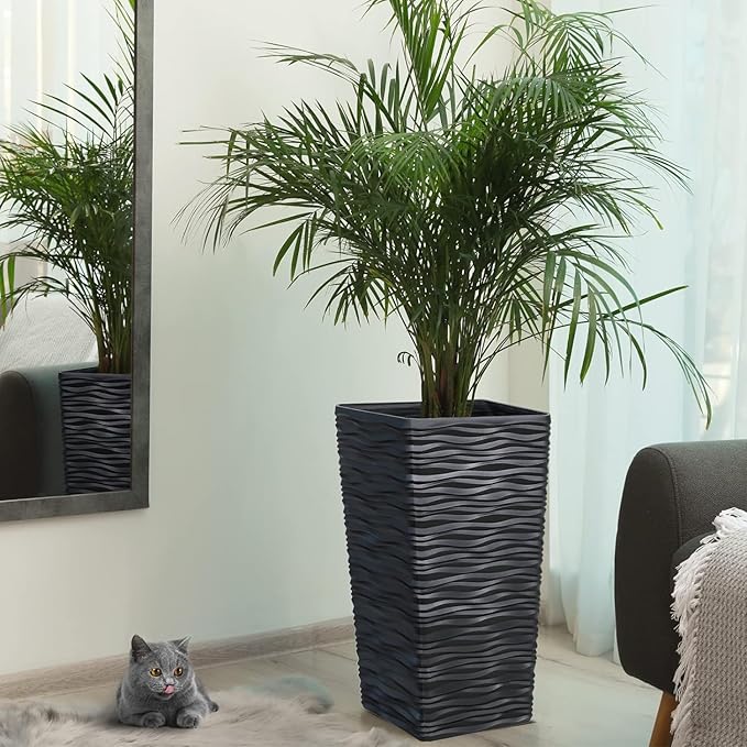 Worth Garden 2-Pack Black Tall Planter - Plastic Square Tapered Tree Plant Pots for Indoor Outdoor - 22" H - Modern Wavy Finish Decorative Flower Pots for Front Porch Containers Patio Deck-Ruum Studio Home
