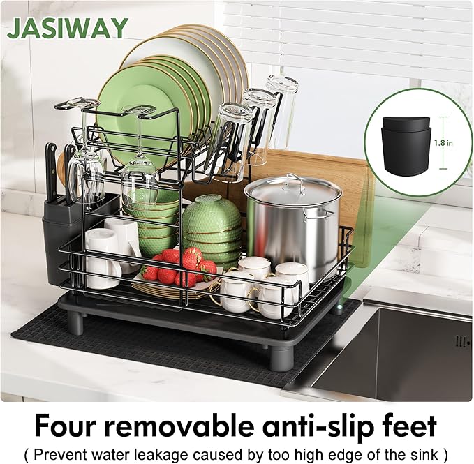 2 Tier Black Large Stainless Steel Dish Drainers Drying Rack for Kitchen Counter with Drainboard, Rust Proof Metal, Space Saving, Modern Aesthetic, Compact Plates Strainers with Extra Mat-Ruum Studio Home