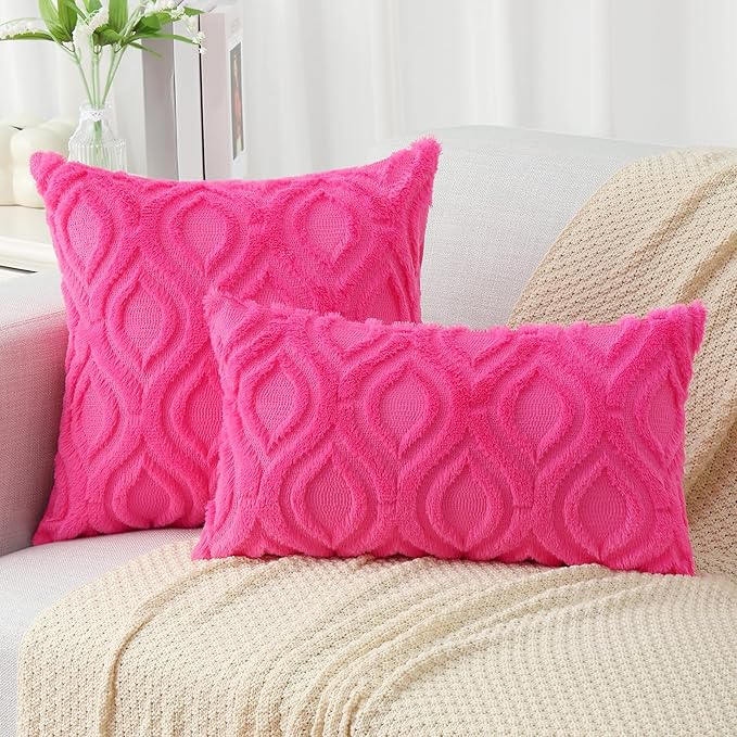 decorUhome Fall Throw Pillow Covers 20x20 Inch Set of 2, Soft Plush Decorative Faux Fur Hot Pink Solid Couch Pillow Covers, Accent Farmhouse Neutral Square Euro Pillow Cases for Sofa Bed Living Room-Ruum Studio Home