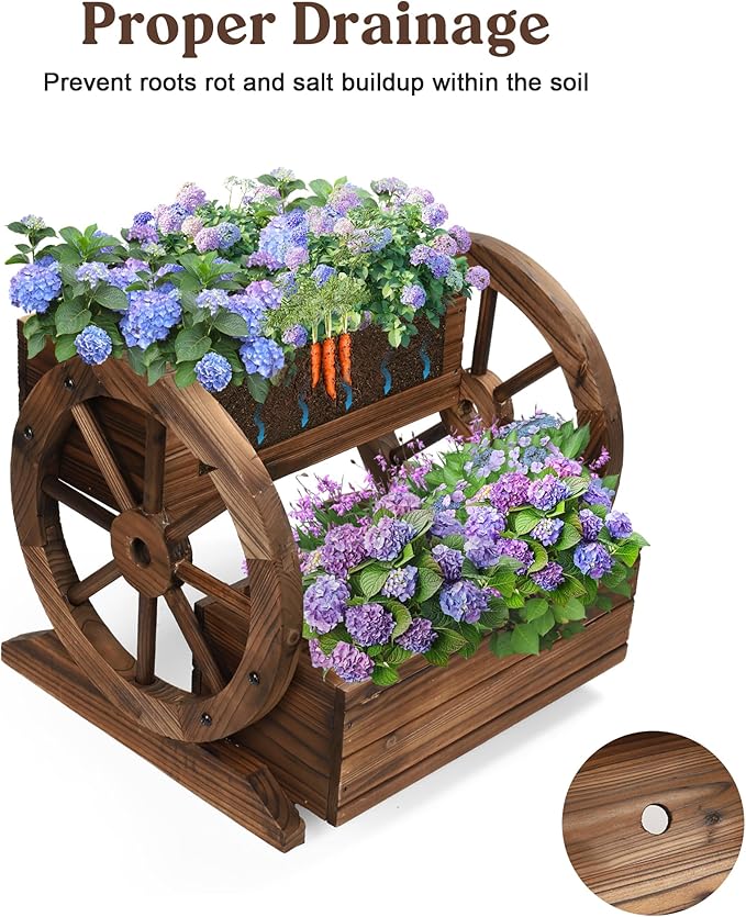 Wooden Wagon Planter Box, Garden Planter with Wheels,Decorative Planter for Flowers Herbs Vegetables for Indoor & Outdoor Décor, Flower Cart for Patio Garden Balcony-Ruum Studio Home