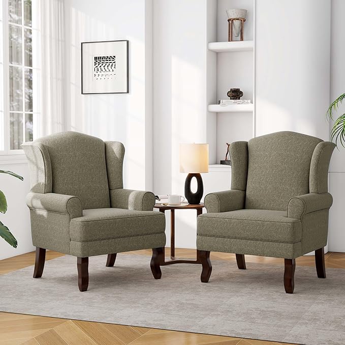Accent Chair, High Back Upholstered Armchair with High Resilience Sponge & Wood Legs, Mid-Century Modern Comfy Single Sofa Reading Chairs for Living Room, Bedroom (Light Camel, Set of 2)-Ruum Studio Home