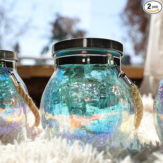 Cooo 2 Pack Solar Lantern Outdoor Waterproof Iridescent Crackle Glass with 215% Larger Solar Panel, Stainless Steel Lid – Rainbow Glass Hanging Light with Cool White LED for Garden Patio Table