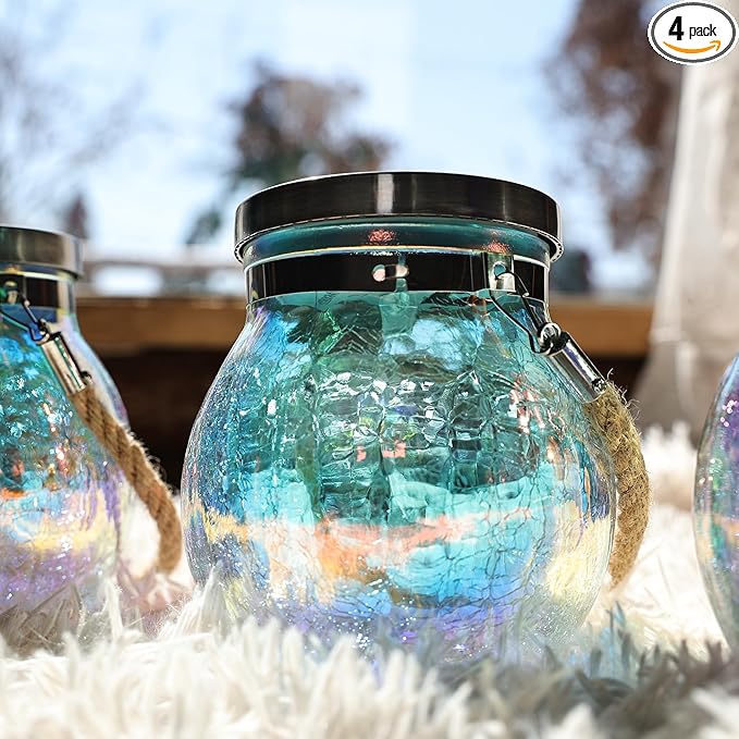 Cooo 4 Pack Solar Lantern Outdoor Waterproof Iridescent Crackle Glass with 215% Larger Solar Panel, Stainless Steel Lid – Rainbow Glass Hanging Light with Cool White LED for Garden Patio Table-Ruum Studio Home