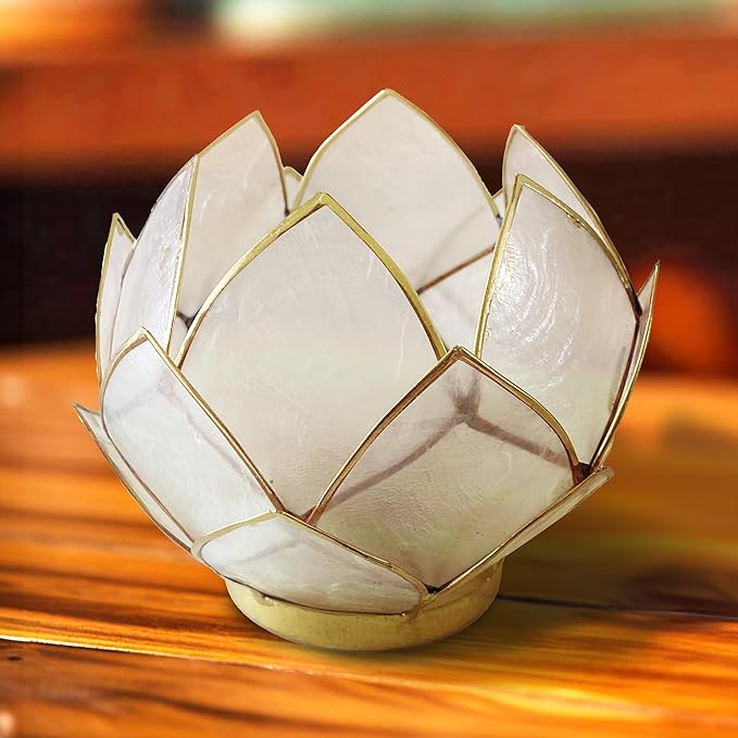 Blooming Lotus Capiz Shell Tealight Candle Holder, Handcrafted Decorative Tea Light Candleholder with Translucent Flower Petals for Ambient Illumination and Natural Elegance, Natural-Ruum Studio Home