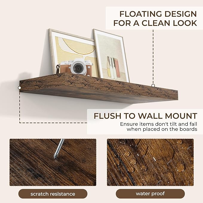 RICHFOCUS 36Inch Floating Shelves for Wall 2 Pack Shelves for Bedroom|Kitchen|Bathroom Wall Mounted Rustic Wood Floating Shelf with Invisible Brackets for Books|Storage|Decor, Rustic Brown-Ruum Studio Home