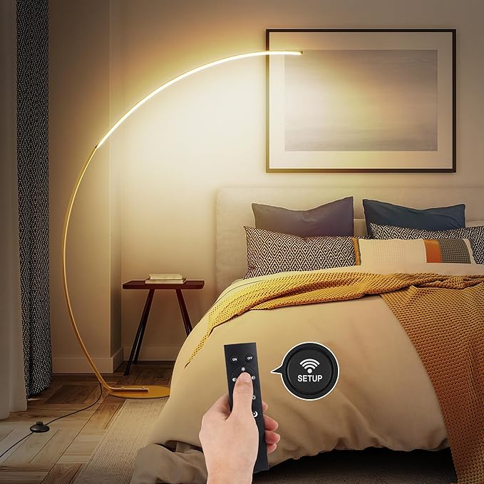 NUÜR Arc Floor Lamp, 67" Tall Gold LED Modern Standing Floor Lamp with Remote Control, Arched Bright Floor Lamps for Living Room Bedroom Office Home-Ruum Studio Home