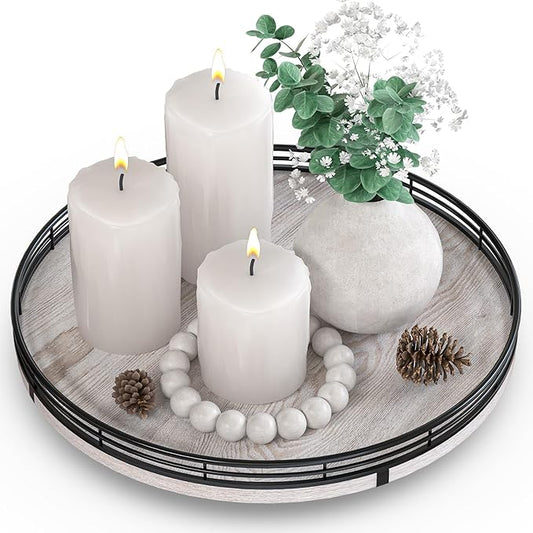 12" Farmhouse Lazy Susan for Kitchen & Coffee Table Decor – Rustic Wood Tray with Black Metal Frame, Decorative Centerpiece for Dining Room, Ottoman, Living Room, Serving or Vanity Use-Ruum Studio Home