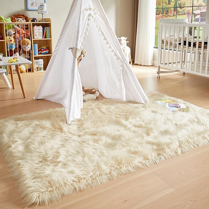 AMTOVO Faux Fur Sheepskin Rug for Living Room, 4 x 6 ft Beige Fluffy Area Rug for Bedroom, Playroom, Luxury Room Decor, Rectangle-Ruum Studio Home