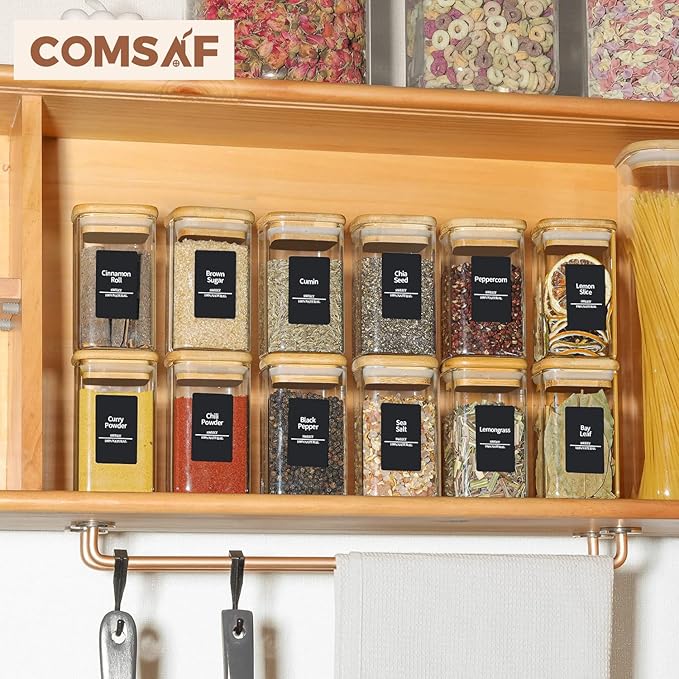 ComSaf 12Pcs Glass Spice Jars with Bamboo Lid, 8oz Airtight Square Containers with 275 Black Lables, Empty Seasoning Jars for Spice Salt Sugar-Ruum Studio Home