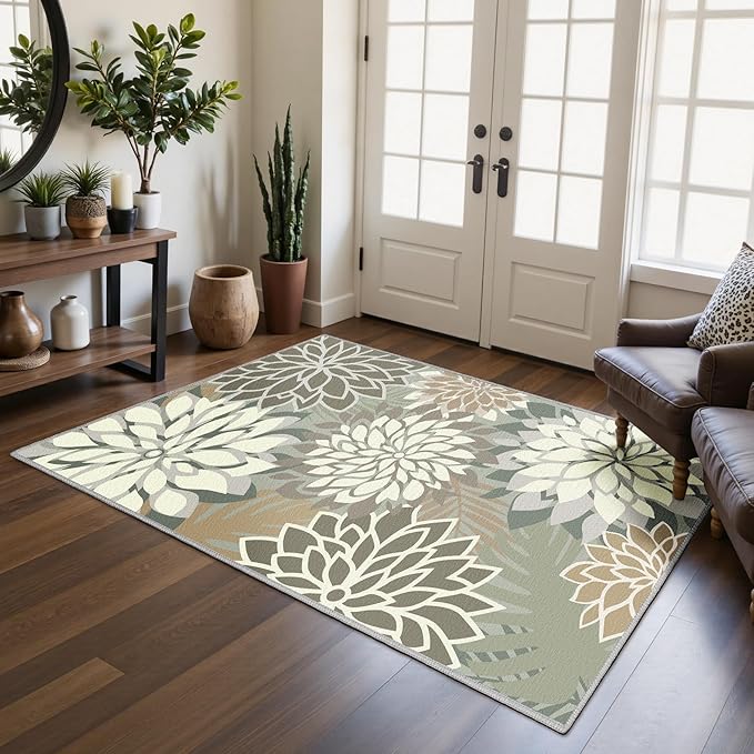 Area Rug 3x5 Brown White Washable Entry Rug Multicolored Tropical Botanical Modern Floral Indoor Kitchen Door Mat Entrance Carpet Non Slip for Bedroom Living Room, Porch-Ruum Studio Home