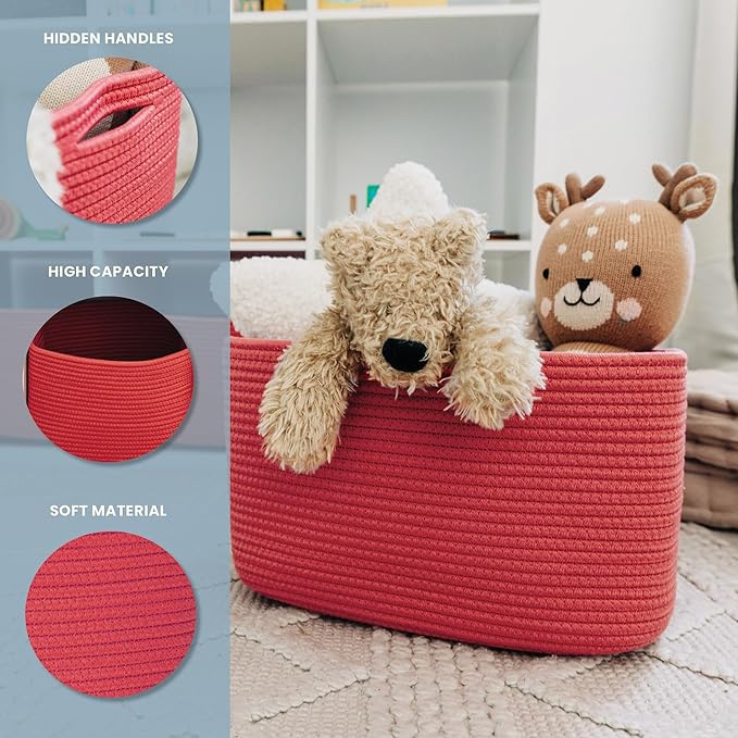 OrganiHaus Woven Storage Baskets for Organizing, Cotton Rope Organizer Bins for Shelves, Closet & Nursery, Dog Toy Basket, Decorative Bins for Toys, Towels & Books - 15x10x9, Red-Ruum Studio Home