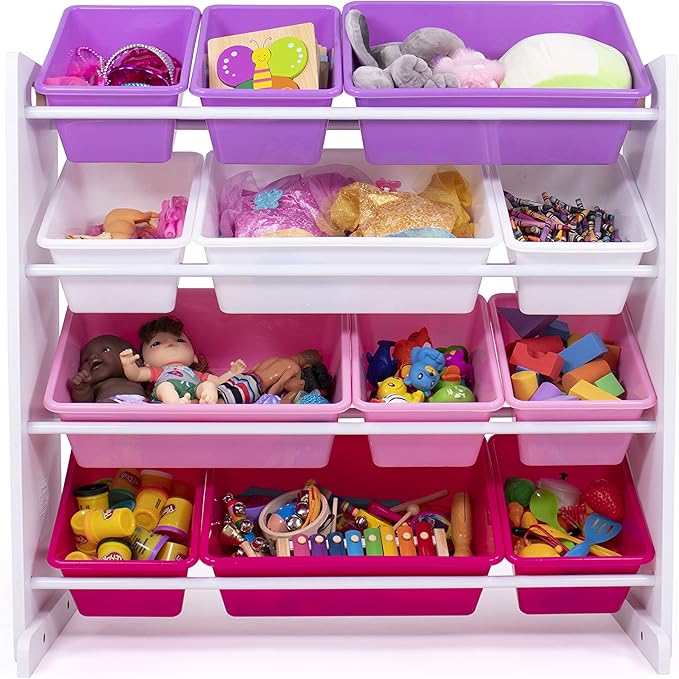 Humble Crew Kids Toy Storage Organizer with 12 Plastic Bins, White/Pink/Purple – Removable Bins for Playroom, Bedroom, Toddler Furniture for Boys and Girls Ages-Ruum Studio Home